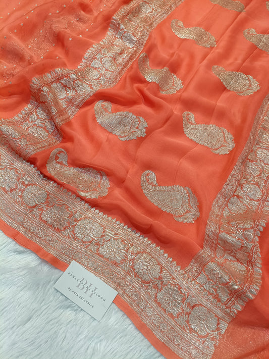 Pure Handloom Khaddi Chiffon Silver Zari Banarasi Saree