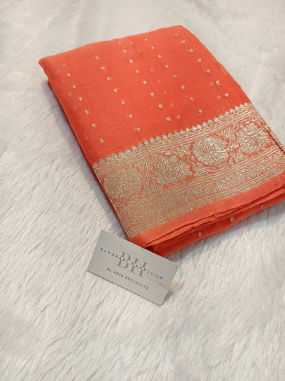 Pure Handloom Khaddi Chiffon Silver Zari Banarasi Saree