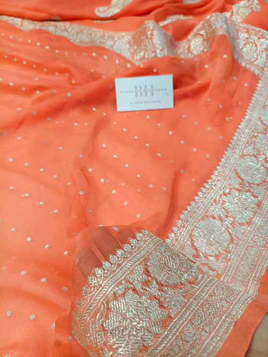 Pure Handloom Khaddi Chiffon Silver Zari Banarasi Saree