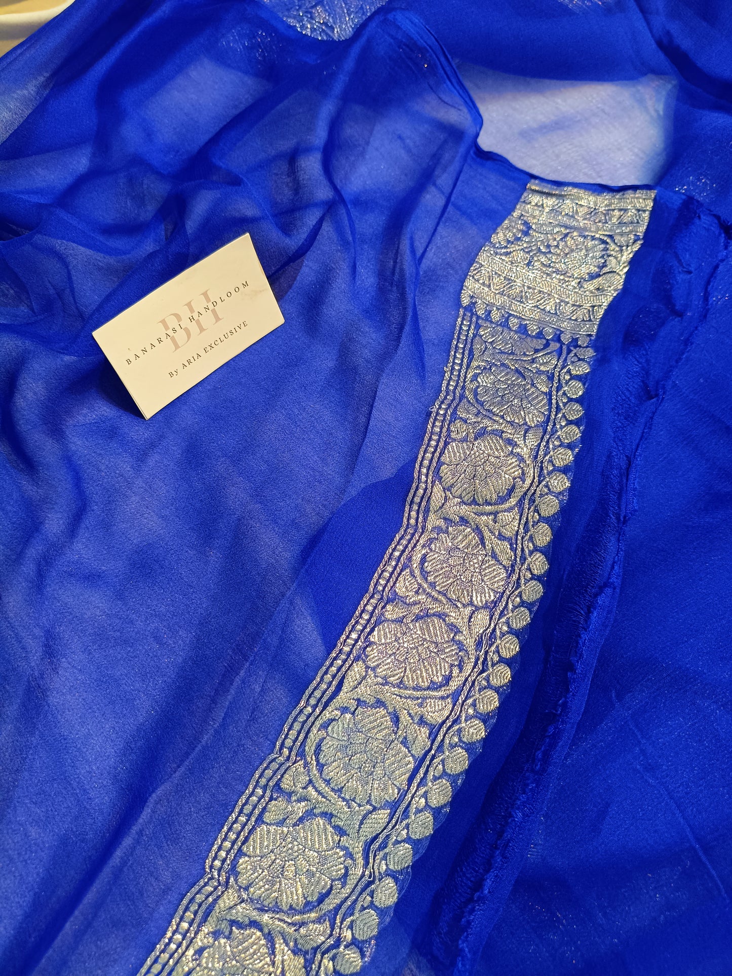 Pure Handloom Khaddi Chiffon Silver Zari Banarasi Saree