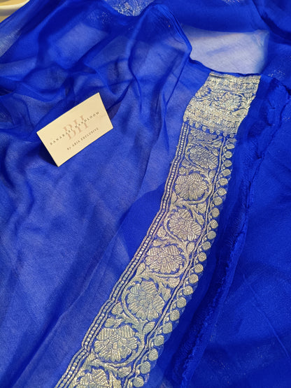 Pure Handloom Khaddi Chiffon Silver Zari Banarasi Saree