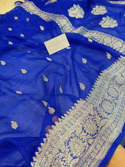 Pure Handloom Khaddi Chiffon Silver Zari Banarasi Saree
