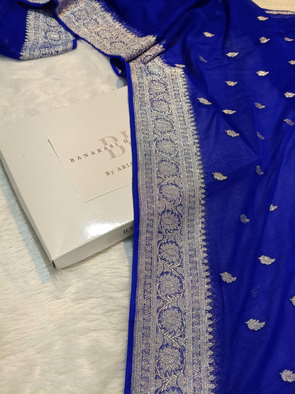 Pure Handloom Khaddi Chiffon Silver Zari Banarasi Saree