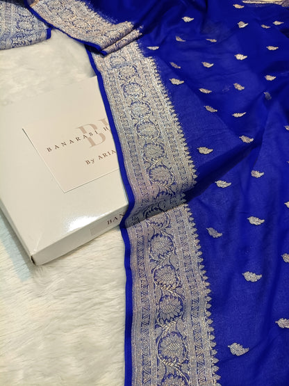 Pure Handloom Khaddi Chiffon Silver Zari Banarasi Saree