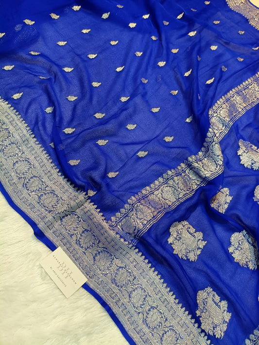 Pure Handloom Khaddi Chiffon Silver Zari Banarasi Saree