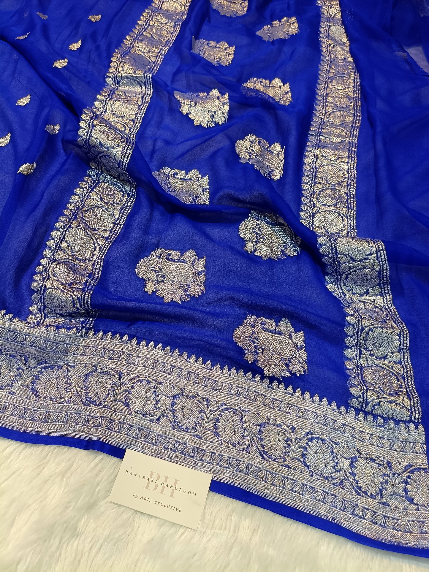 Pure Handloom Khaddi Chiffon Silver Zari Banarasi Saree