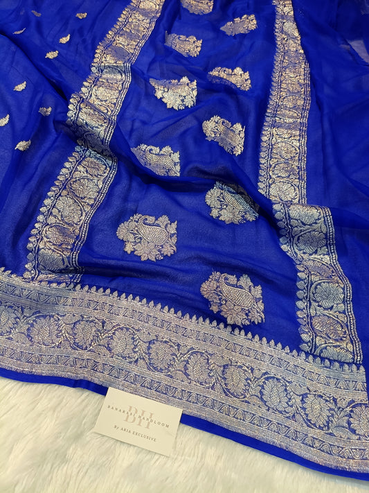 Pure Handloom Khaddi Chiffon Silver Zari Banarasi Saree