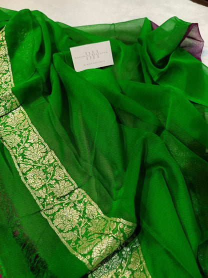 Pure Handloom Khaddi Chiffon Silver Zari Contrast Banarasi Saree