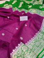 Pure Handloom Khaddi Chiffon Silver Zari Contrast Banarasi Saree