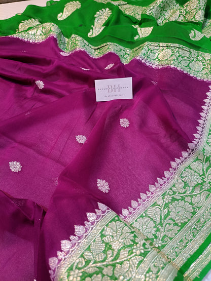 Pure Handloom Khaddi Chiffon Silver Zari Contrast Banarasi Saree