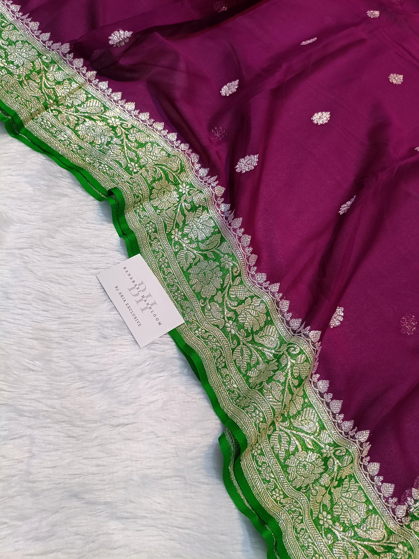 Pure Handloom Khaddi Chiffon Silver Zari Contrast Banarasi Saree