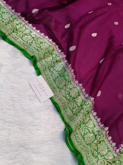 Pure Handloom Khaddi Chiffon Silver Zari Contrast Banarasi Saree