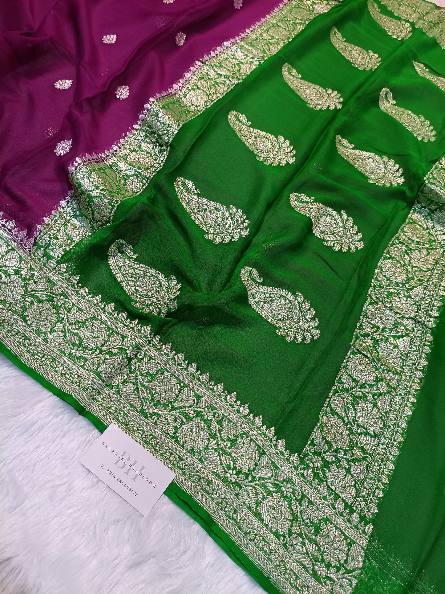 Pure Handloom Khaddi Chiffon Silver Zari Contrast Banarasi Saree