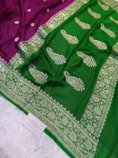 Pure Handloom Khaddi Chiffon Silver Zari Contrast Banarasi Saree