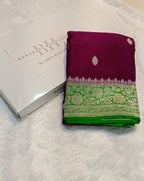 Pure Handloom Khaddi Chiffon Silver Zari Contrast Banarasi Saree