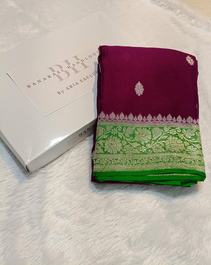 Pure Handloom Khaddi Chiffon Silver Zari Contrast Banarasi Saree
