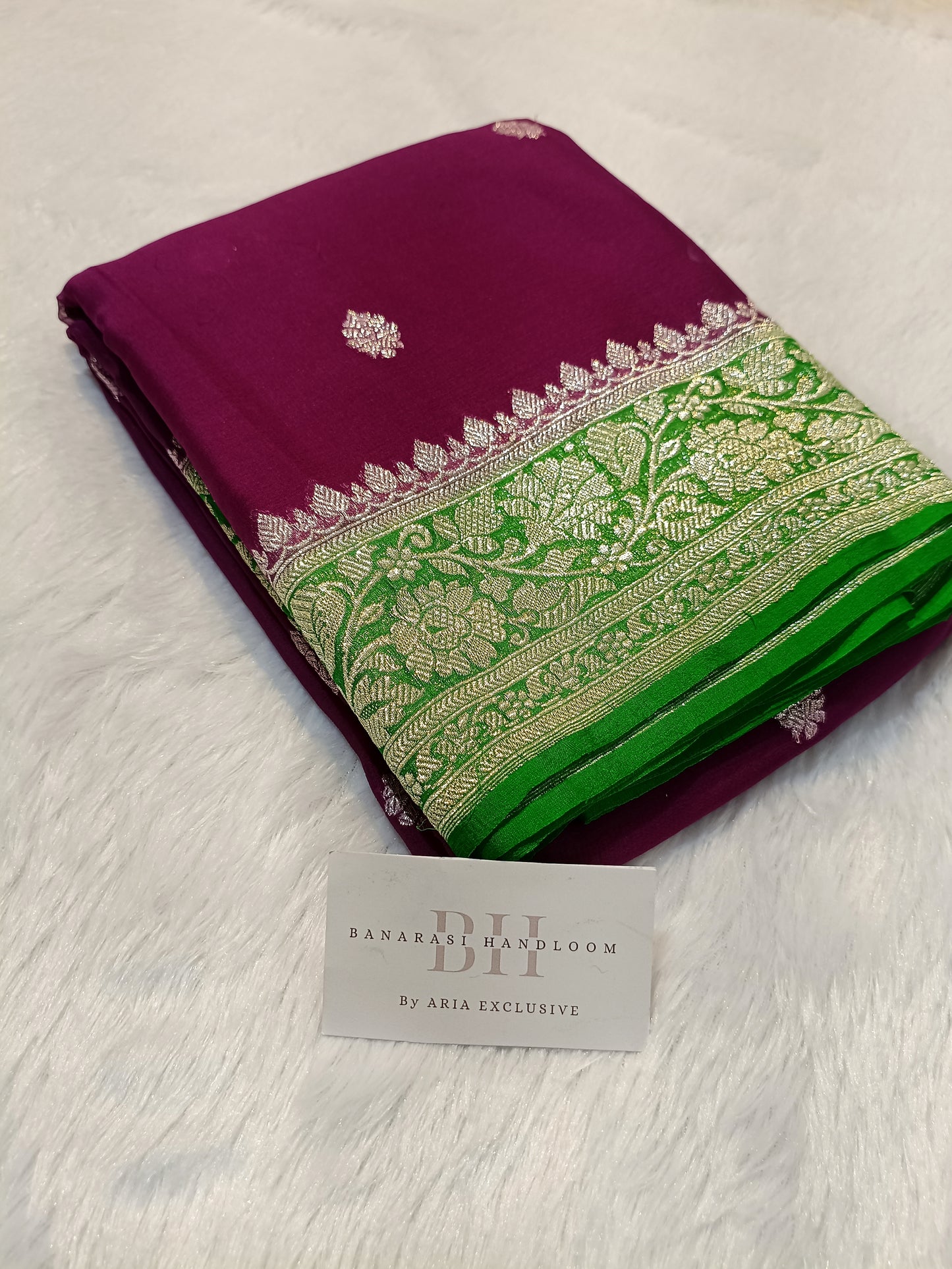 Pure Handloom Khaddi Chiffon Silver Zari Contrast Banarasi Saree