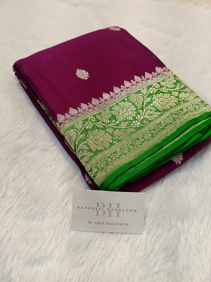 Pure Handloom Khaddi Chiffon Silver Zari Contrast Banarasi Saree