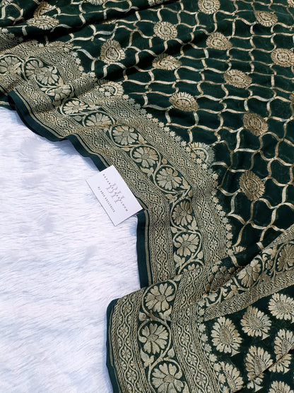 Pure Handloom Khaddi Chiffon Banarasi Saree with Floral Jangla