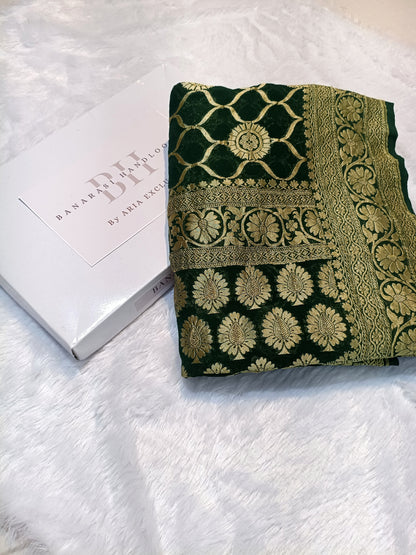 Pure Handloom Khaddi Chiffon Banarasi Saree with Floral Jangla