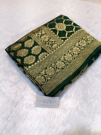 Pure Handloom Khaddi Chiffon Banarasi Saree with Floral Jangla