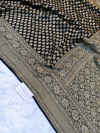 Pure Handloom Khaddi Chiffon Banarasi Saree with Floral Booti and Jangla Pallu