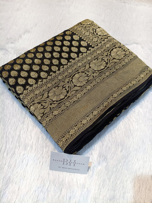 Pure Handloom Khaddi Chiffon Banarasi Saree with Floral Booti and Jangla Pallu
