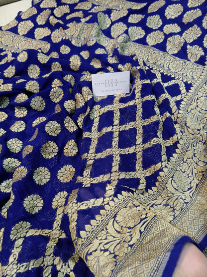Pure Handloom Khaddi Chiffon Banarasi Saree with Floral Booti and Jaal Design