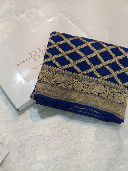 Pure Handloom Khaddi Chiffon Banarasi Saree with Floral Booti and Jaal Design