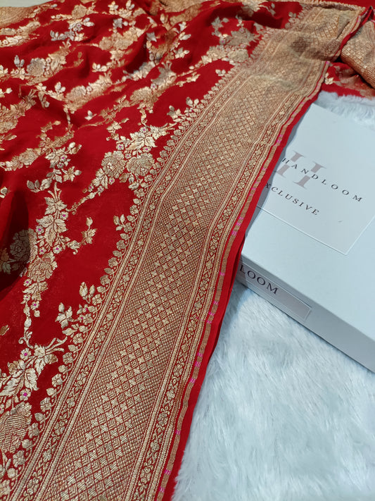 Pure Handloom Khaddi Chiffon Banarasi Saree with Floral Jangla Weaving