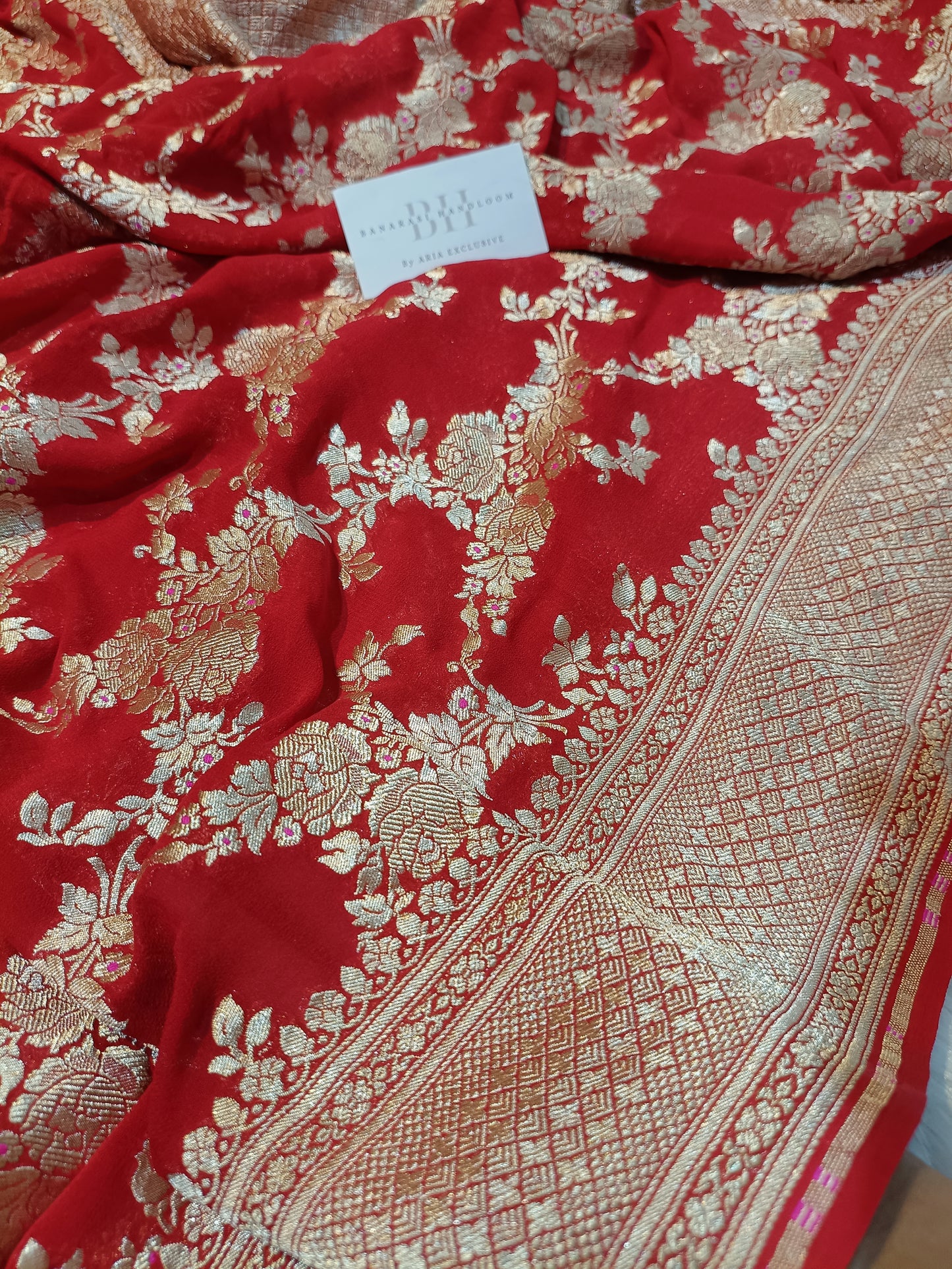 Pure Handloom Khaddi Chiffon Banarasi Saree with Floral Jangla Weaving