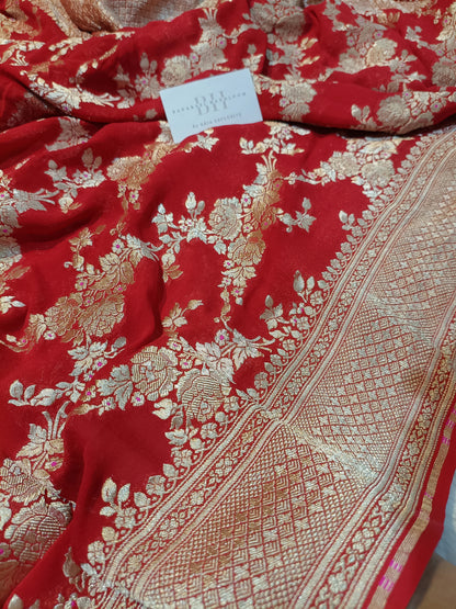 Pure Handloom Khaddi Chiffon Banarasi Saree with Floral Jangla Weaving