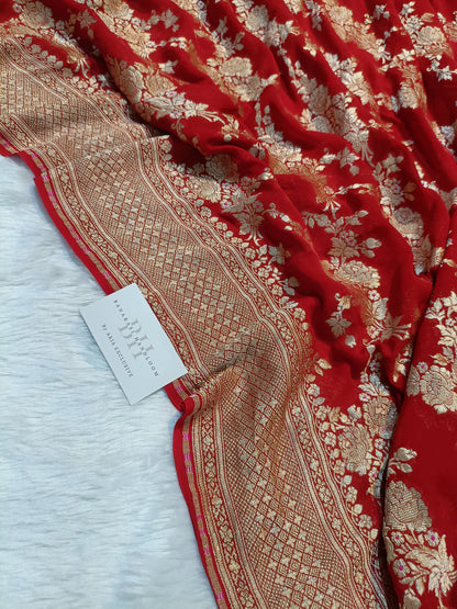 Pure Handloom Khaddi Chiffon Banarasi Saree with Floral Jangla Weaving