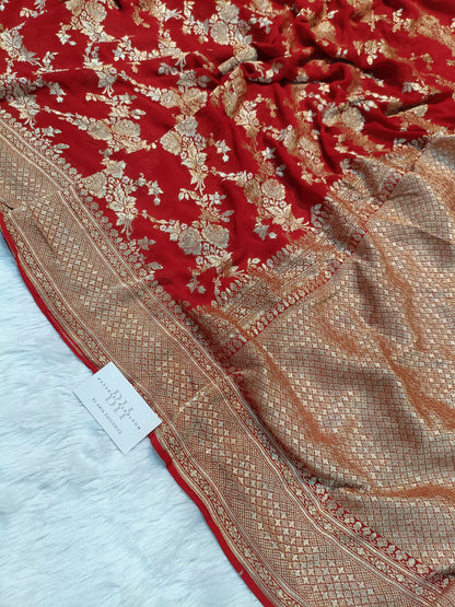 Pure Handloom Khaddi Chiffon Banarasi Saree with Floral Jangla Weaving