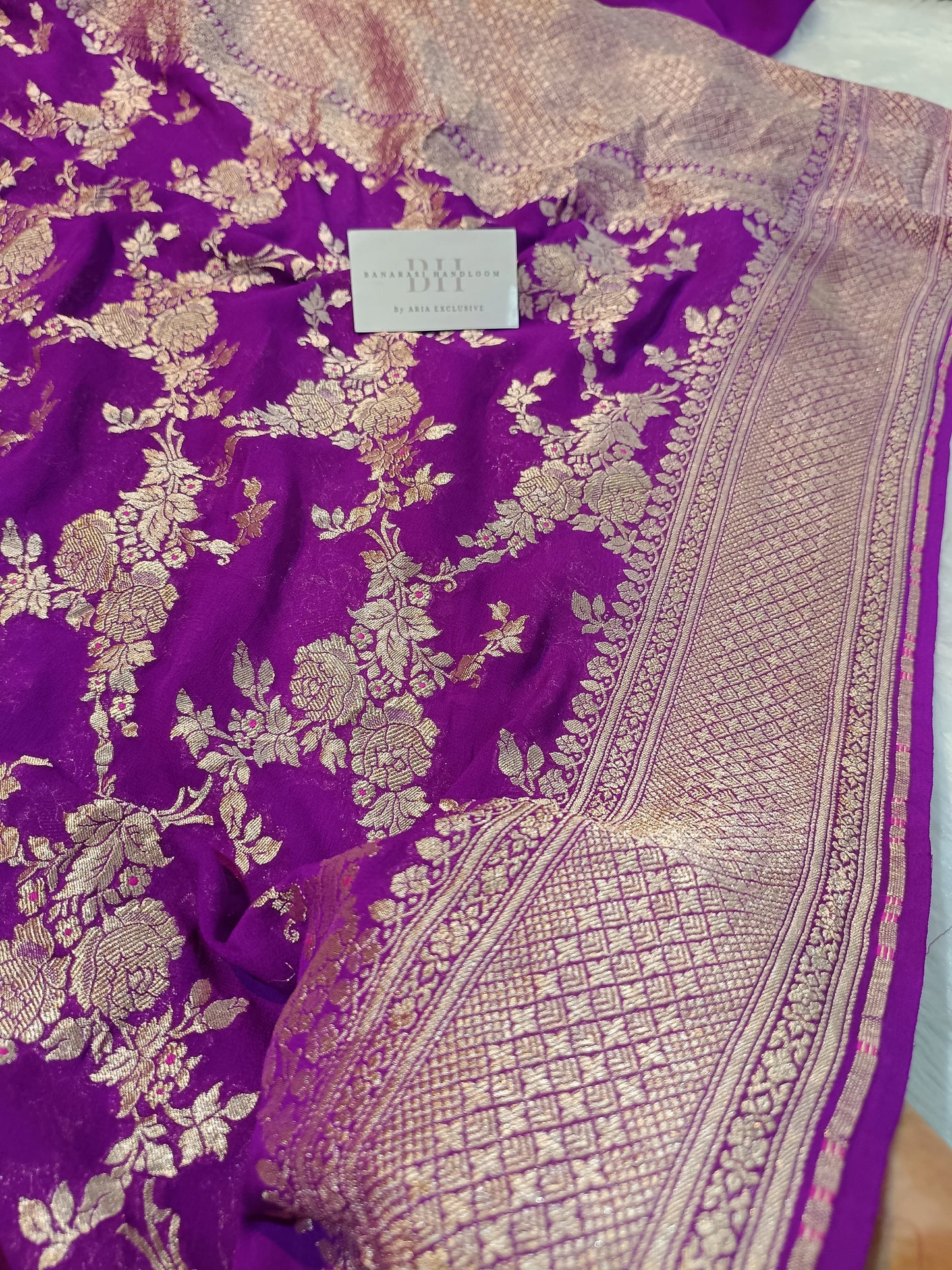 Pure Handloom Khaddi Chiffon Banarasi Saree with Floral Jangla Weaving