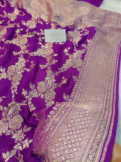 Pure Handloom Khaddi Chiffon Banarasi Saree with Floral Jangla Weaving