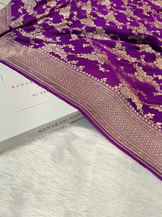 Pure Handloom Khaddi Chiffon Banarasi Saree with Floral Jangla Weaving