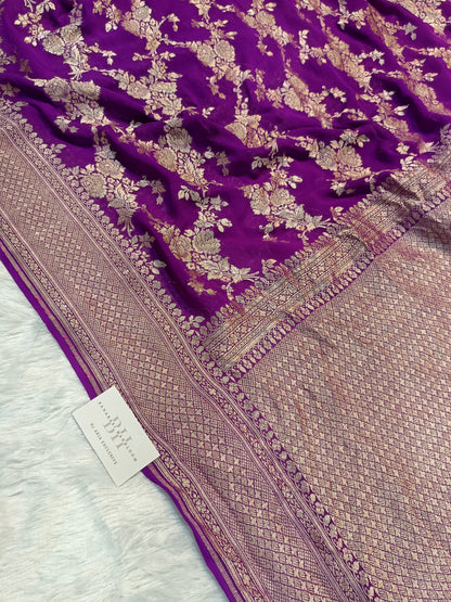 Pure Handloom Khaddi Chiffon Banarasi Saree with Floral Jangla Weaving