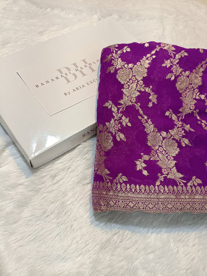 Pure Handloom Khaddi Chiffon Banarasi Saree with Floral Jangla Weaving