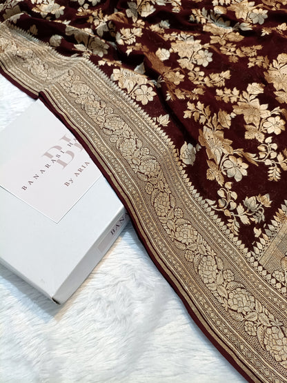 Pure Handloom Khaddi Chiffon Banarasi Saree with Floral Jangla Weaving