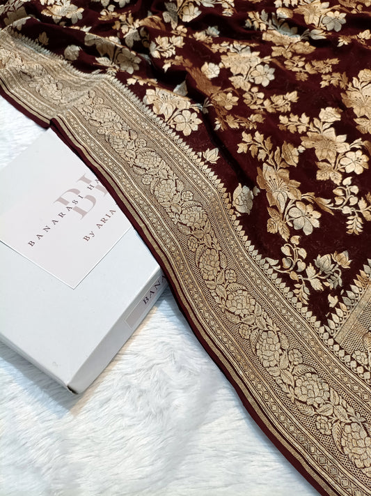Pure Handloom Khaddi Chiffon Banarasi Saree with Floral Jangla Weaving