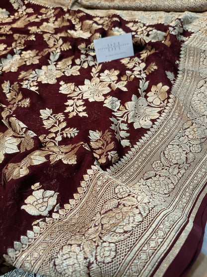 Pure Handloom Khaddi Chiffon Banarasi Saree with Floral Jangla Weaving