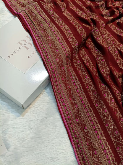 Pure Handloom Khaddi Chiffon Banarasi Saree with Meenakari Stripe Weaving