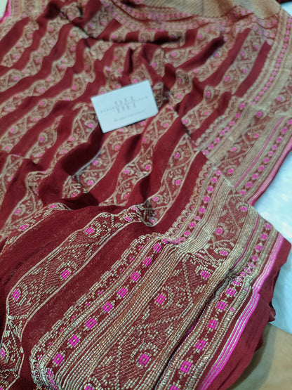 Pure Handloom Khaddi Chiffon Banarasi Saree with Meenakari Stripe Weaving