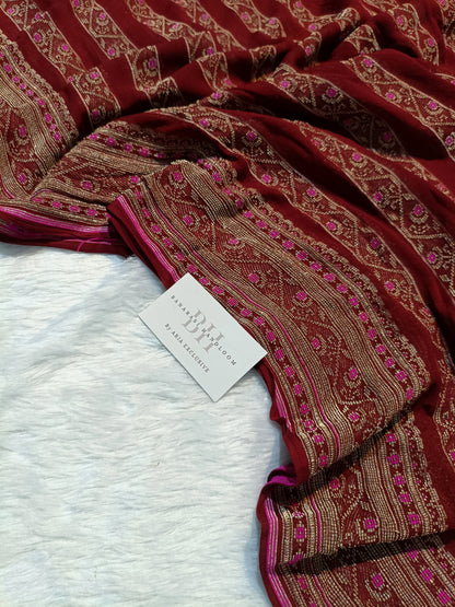 Pure Handloom Khaddi Chiffon Banarasi Saree with Meenakari Stripe Weaving