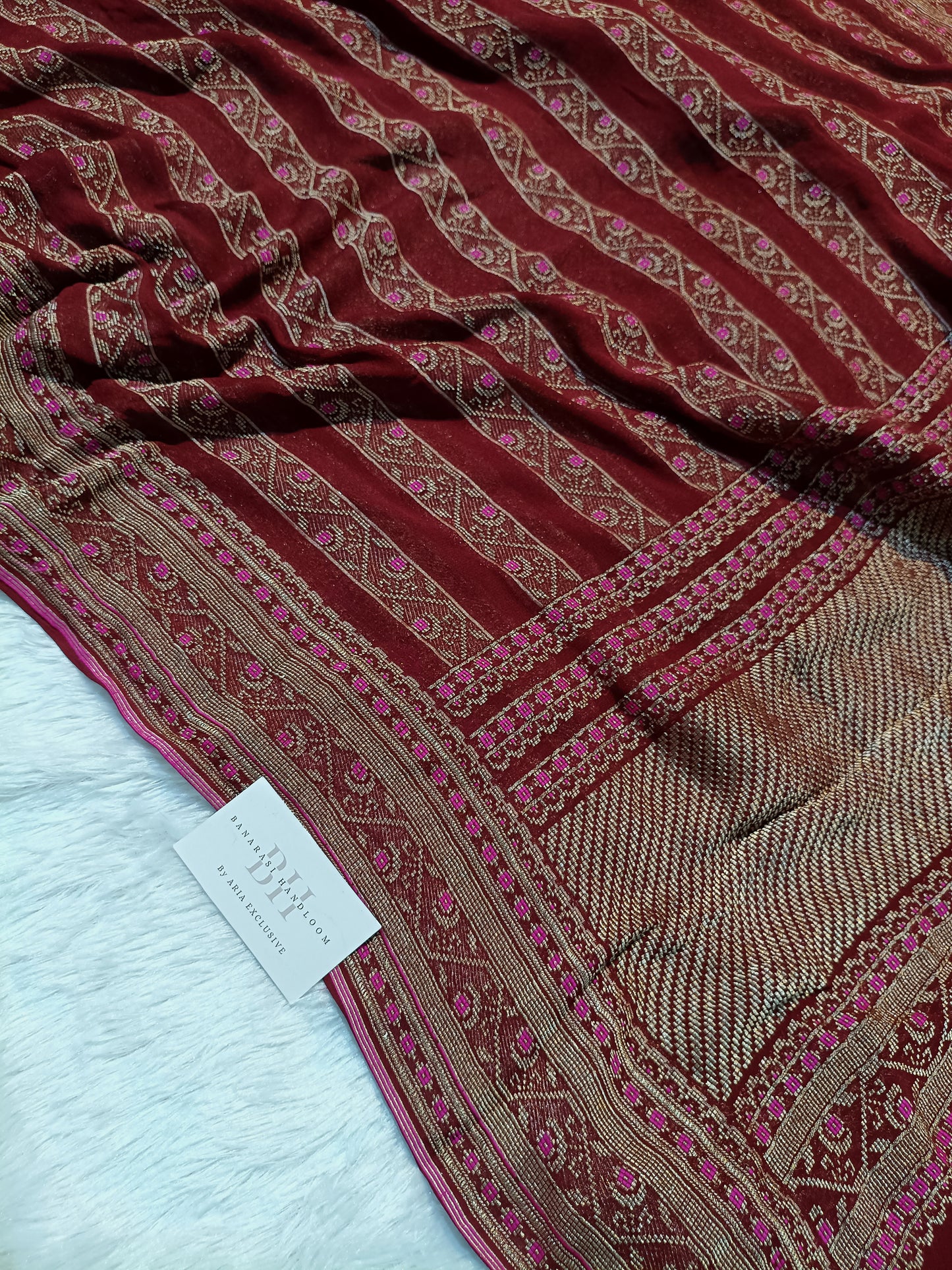 Pure Handloom Khaddi Chiffon Banarasi Saree with Meenakari Stripe Weaving