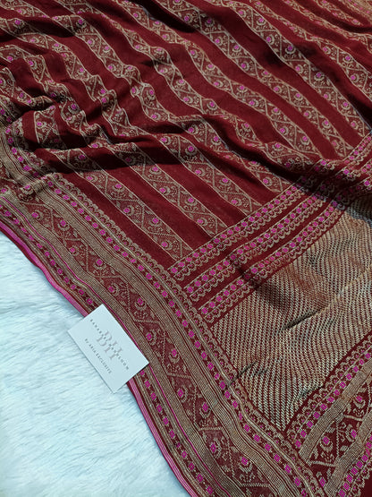 Pure Handloom Khaddi Chiffon Banarasi Saree with Meenakari Stripe Weaving