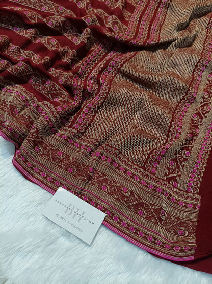 Pure Handloom Khaddi Chiffon Banarasi Saree with Meenakari Stripe Weaving