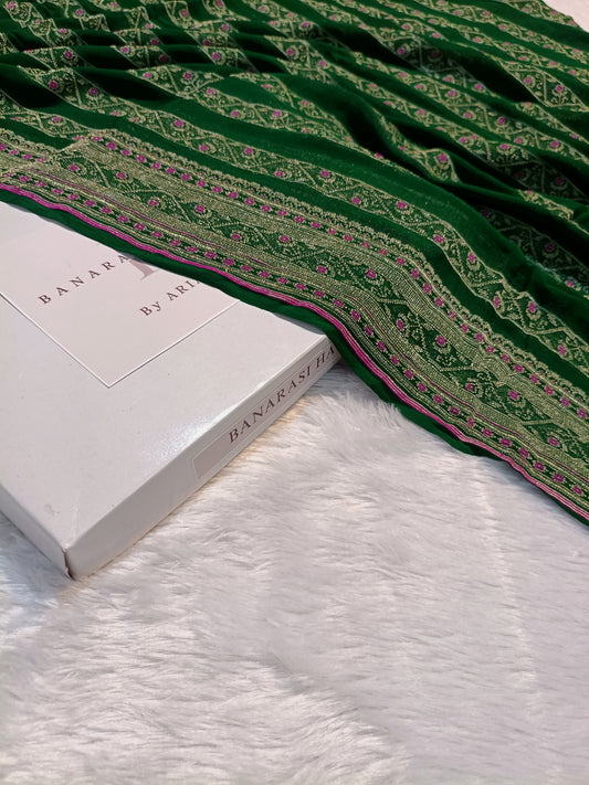 Pure Handloom Khaddi Chiffon Banarasi Saree with Meenakari Stripe Weaving