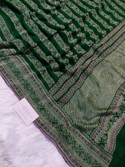 Pure Handloom Khaddi Chiffon Banarasi Saree with Meenakari Stripe Weaving